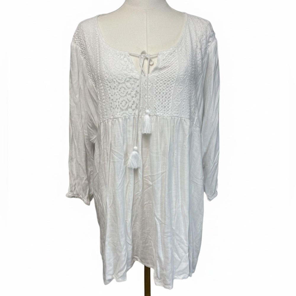 NWT White Scoop Neck Boho Peasant Blouse with Lace Bust and Keyhole Tie Sz 1X
